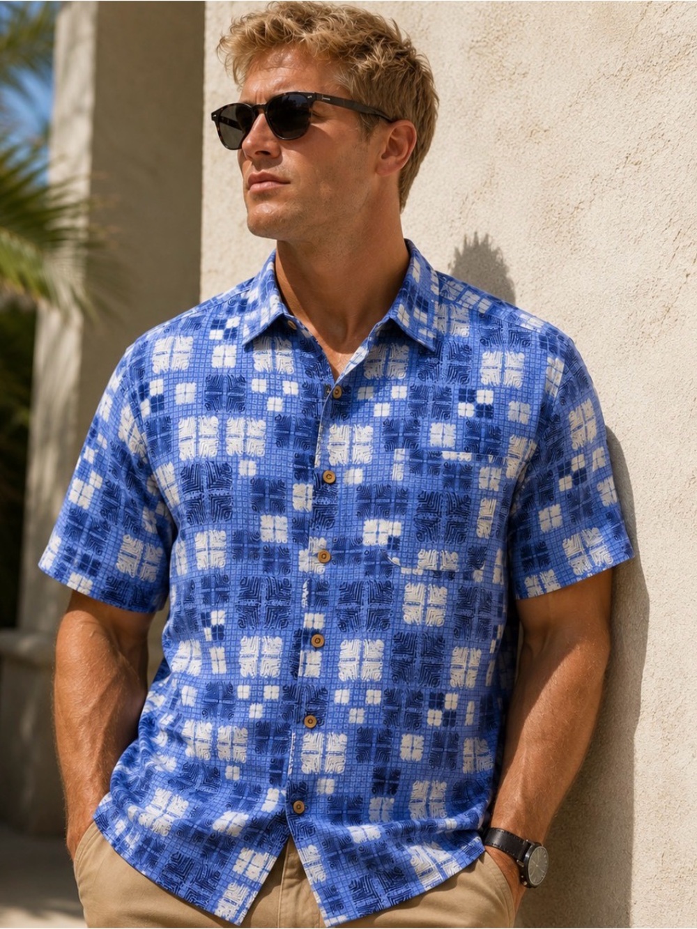 Nat Nast Luxury Originals Silk Blend Camp Shirt Men's Large Blue Geometric